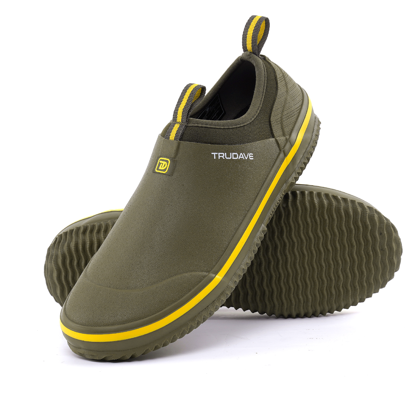 alt="Side view of Trudave GreenStep Series waterproof slip-on garden shoes in olive green color, featuring durable rubber construction, breathable design, and comfortable fit ideal for gardening, yard work, and outdoor chores"
